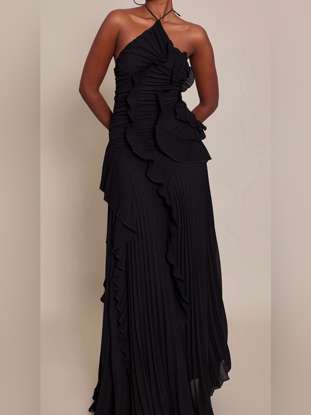 PLT Unforgettable Composure Black Asymmetrical Halter Maxi Dress - BLACK PLEATED